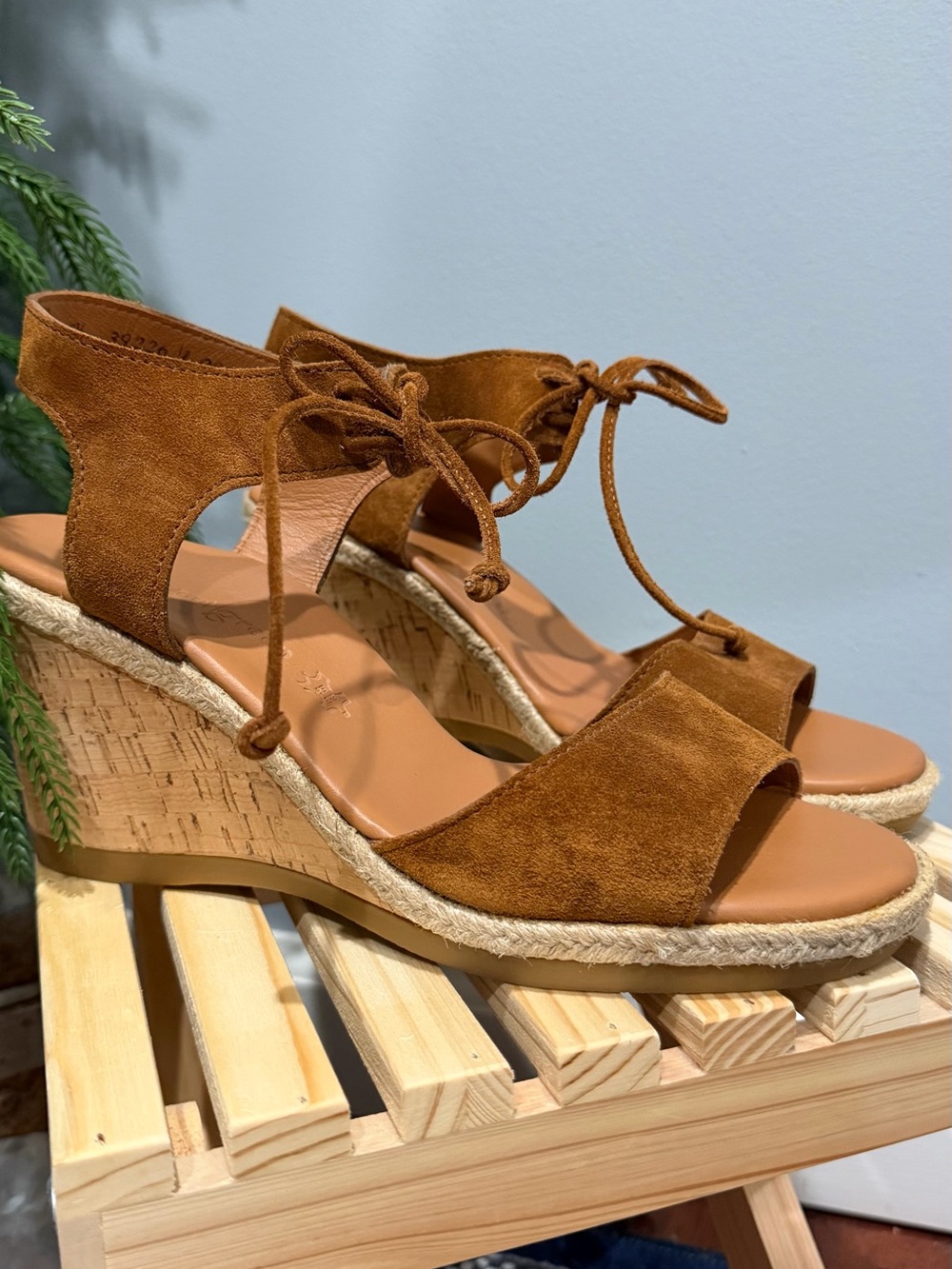 Paul Green Conti Wedge Sandals Cognac Suede Cork Espadrille EU 39.5 US 8.5